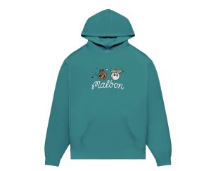 Two Man Scramble Hoodie in blue green colorway, featuring embroidered logo, drawstring hood, and kangaroo pocket on front